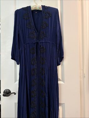 martina innocenti linen dress Martina Innocenti Women's Plus Linen Embroidered Sleeve Midi Dress Blue / 1X